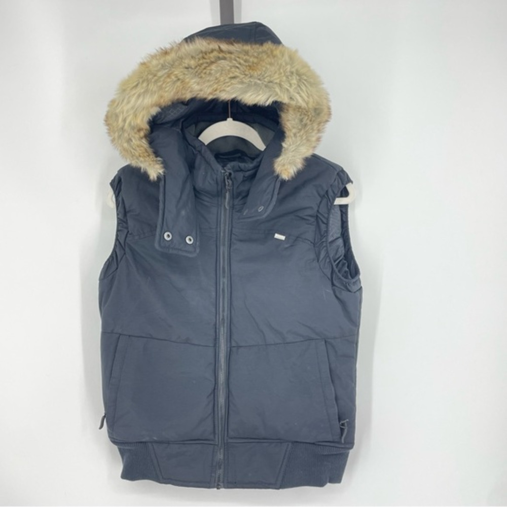 BENCH‎ black Puffer pushbroom Vest Faux Fur Trim Sz M